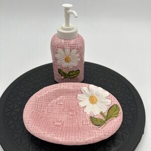 VTG I.W.Rice & Co Soap Dispenser And Soap Dish Pink Majolica Flowers Japan